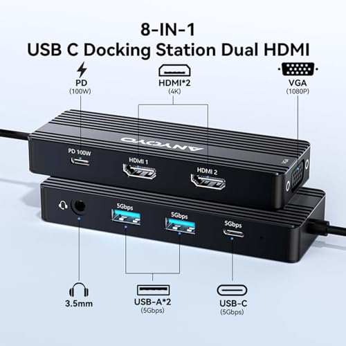 USB C Docking Station Dual HDMI Monitor Adapter 8-in-1 USB C HUB 3 Monitors Adapter with 4K HDMI +VGA +PD100W+Audio Laptop Docking Station for Dell/Lenovo/HP/Samsung/ASUS (Black) - color: Black