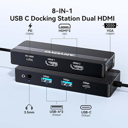 USB C Docking Station Dual HDMI Monitor Adapter 8-in-1 USB C HUB 3 Monitors Adapter with 4K HDMI +VGA +PD100W+Audio Laptop Docking Station for Dell/Lenovo/HP/Samsung/ASUS (Black) - color: Black
