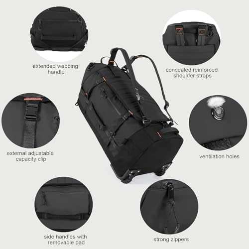Rolling Duffle Bag with Wheels,86L 30”Carry on Luggage with Wheels,Folding Travel Bag,Duffle Backpack with Separate Shoe Compartment (Black) - color: Black