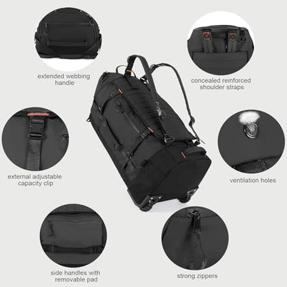 Rolling Duffle Bag with Wheels,86L 30”Carry on Luggage with Wheels,Folding Travel Bag,Duffle Backpack with Separate Shoe Compartment (Black) - color: Black