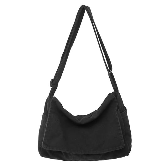 Canvas Messenger Bag Large Messenger Bags for Women Men Casual Canvas Crossbody Shoulder Bag with Multiple Pockets - color: Black
