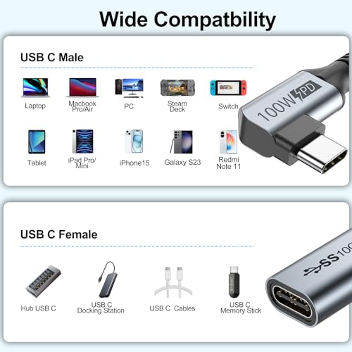 Small USB C Extension Cable 1FT, Right Angle(100W/10Gbps/4K@60Hz) | 12in Short USBC Extender Cord 90°for MacBook Pro/Air,USBC Hub,Microphone,Flash Drive,Docking,Phone,PC - size: 1FT