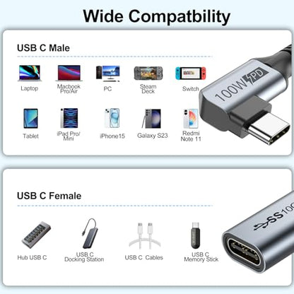 Small USB C Extension Cable 1FT, Right Angle(100W/10Gbps/4K@60Hz) | 12in Short USBC Extender Cord 90°for MacBook Pro/Air,USBC Hub,Microphone,Flash Drive,Docking,Phone,PC - size: 1FT