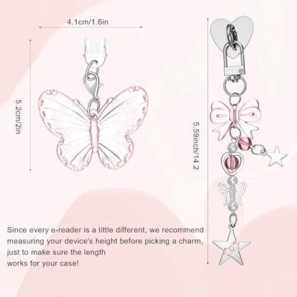 3PCS Pink Butterfly Charm Set with Dust Plug Type C/USB C Heart Grip Holder, Cute Aesthetic Y2k Hook for E-Reader Charm Chain Accessories Compatible Phone Case