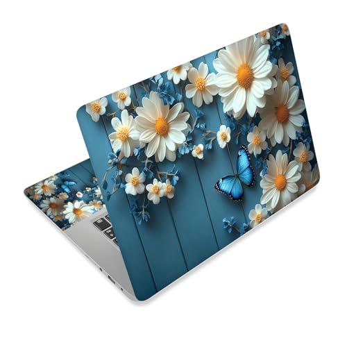 Universal Laptop Skin Sticker Decal,15.6 Inch Laptop Vinyl Cover for 13" 14" 15.6" Laptop,Scratch-Resistant Waterproof Protector Wrap,Reusable with Wrist Pads,Daisies and Blue Butterflies - color: Daisies and Blue Butterflies