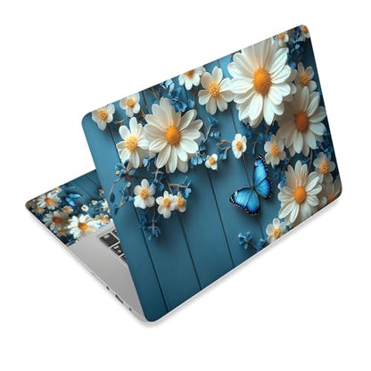 Universal Laptop Skin Sticker Decal,15.6 Inch Laptop Vinyl Cover for 13" 14" 15.6" Laptop,Scratch-Resistant Waterproof Protector Wrap,Reusable with Wrist Pads,Daisies and Blue Butterflies - color: Daisies and Blue Butterflies
