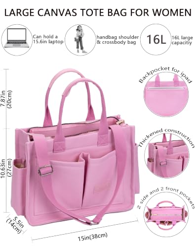 Canvas Tote Bag for Women,Women's Bags Crossbody Bags Work Laptop Tote Bag Large Handbags Purse for Travel Nurse Teacher - color: New Upgrade Plus Pink With Compartments and Inner Cup Holders