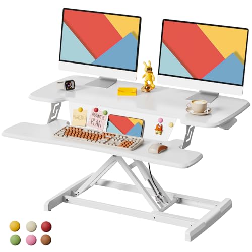 JOY worker Standing Desk Converter, 35" Height Adjustable Sit Stand Up Desk Riser with Keyboard Tray & 6 Fridge Magnets, Desktop Workstation Riser for Home Office Computer Laptop, White - color: White, size: 35 inches