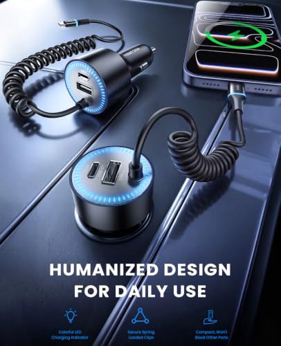 Rocoren 200W USB‑C Fast Car Charger, 5.2Ft Coiled Cable for Laptops & Phone | Super Fast Charging Travel Essentials for iPhone 17/16/15 Pro Max, MacBook Pro Air, Samsung S26/S25, iPad Pro