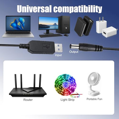 5V to 12V USB Step Up Converter Adapter Cable for Router LED Fan | USB to DC 5.5x2.1mm power cable for 12V devices, compatible with LED strips, speakers, fans and small electronics, 3.3FT cord