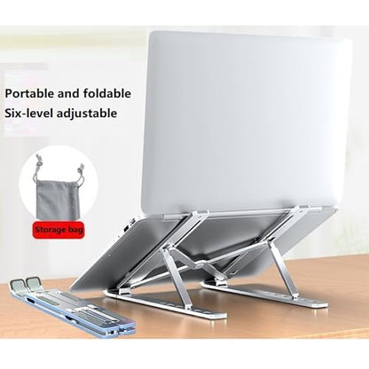 Aluminum Laptop Stand, 6-Height Adjustable Portable Foldable Laptop Holder - Hollow Out Cooling Elevated Desk Stand with Anti-Slip Silicone, Compatible with Notebooks, Tablets