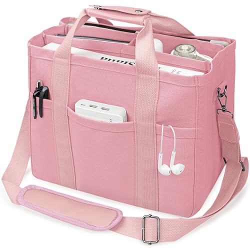Canvas Tote Bag with Multi-Pocket for Women Large Crossbody Shoulder Handbag Everything Tote Bag with Compartments - color: Pink, size: Large