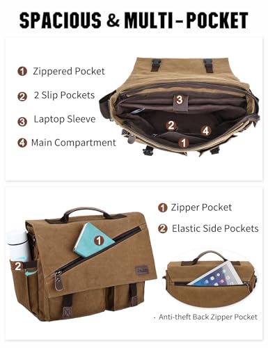 Messenger Bag for Men,Water Resistant Canvas Satchel 14 15.6 17 Inch Laptop Briefcases Business Shoulder Bag by RAVUO - color: 15.6 Inch-coffee