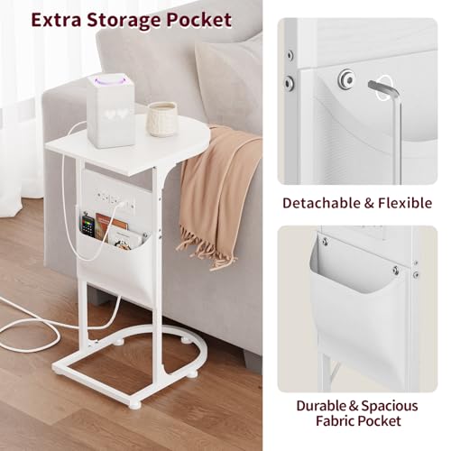 C Shaped End Table with Charging Station, Small Side Table for Couch, C Table Slides Under Sofa with Storage Bag, TV Tray Table for Recliner, Living Room, Bedside, Bedroom, Small Spaces, White - color: Charging Station White