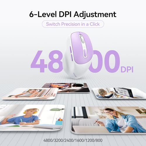 TECKNET Wireless Mouse, BT 5.0/2.4G, Rechargeable Silent 6 Buttons | 3-Device Easy Switch, Bluetooth 5.0/3.0 & USB A, Wide OS Compatible, 6-DPI up to 4800, Ergonomic for M/L Hands - color: Purple and White