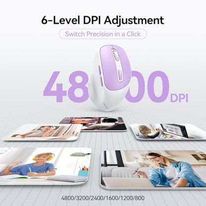 TECKNET Wireless Mouse, BT 5.0/2.4G, Rechargeable Silent 6 Buttons | 3-Device Easy Switch, Bluetooth 5.0/3.0 & USB A, Wide OS Compatible, 6-DPI up to 4800, Ergonomic for M/L Hands - color: Purple and White