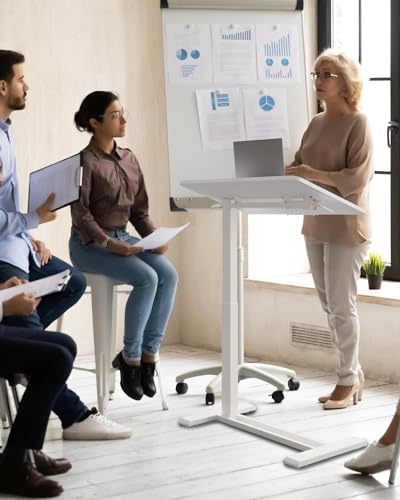 SANODESK Medical Adjustable Overbed Bedside Table with Casters 90° Tilt Top Pneumatic Mobile Rolling Laptop Computer Standing Desk Cart with Tray, Hospital and Home Use(31.5" W x 17.7" D, White) - color: White, size: Large