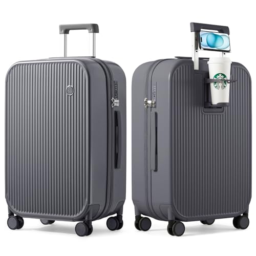 mixi Checked Luggage with Cup Phone Holder Hard Shell Rolling Travel Suitcase with Spinner Wheels,26 Inch Rock Grey - color: Rock Gray, size: 26-inch