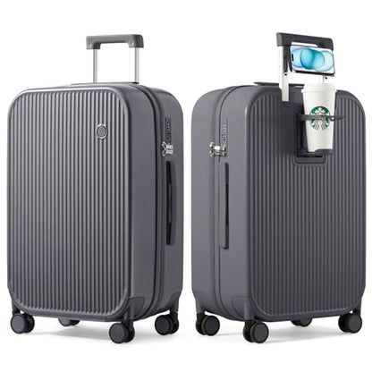 mixi Checked Luggage with Cup Phone Holder Hard Shell Rolling Travel Suitcase with Spinner Wheels,26 Inch Rock Grey - color: Rock Gray, size: 26-inch