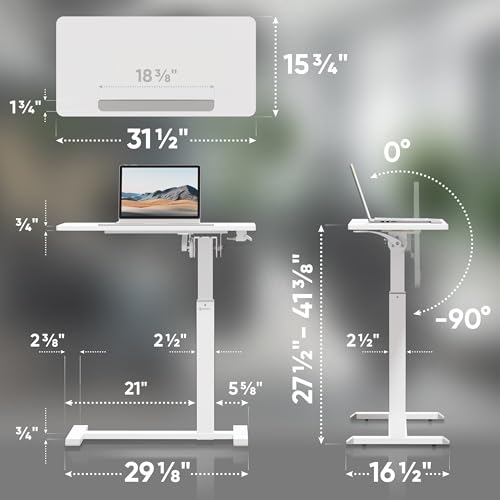 ONKRON Portable Desk on Wheels, max 17.6 lbs, Mobile Workstation, White | Height adjustable overbed table with 90° tilting top, hidden wheels, low-profile base; for laptop, bedside use & study