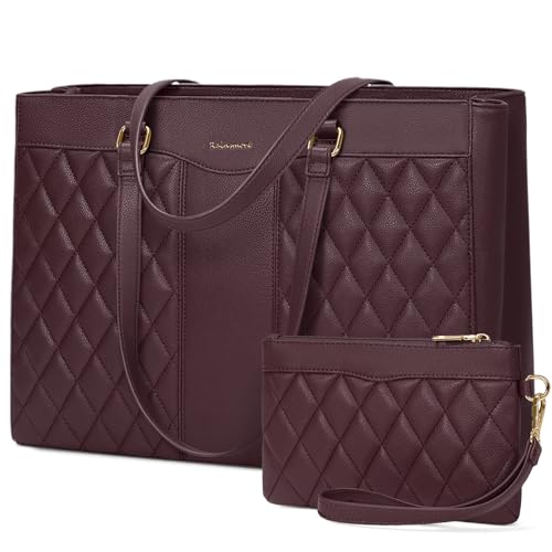 RAINSMORE Laptop Bag for Women 15.6 Inch Work Tote Bags Leather Laptop Tote Professional Laptop Purse Computer Handbag Womens Briefcase Tote with Clutch for Teacher Office Travel, Dark Purple - color: Dark Purple