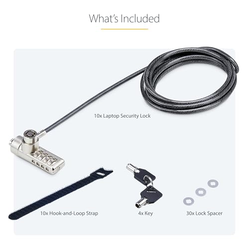 StarTech 10-Pack Dual-Access Laptop Lock, TAA | 6.6ft (2m) Keyed Alike and Combination Security Cable Lock for K-Slot Devices, DUALKA10-LAPTOP-LOCK - size: K-Slot/T-Bar, style: Dual: Like Keyed & Resettable Combination