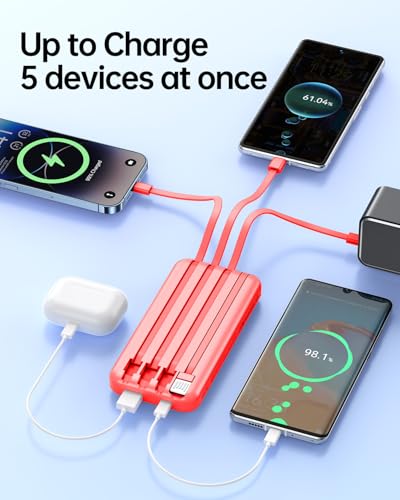 RONEGN Portable Charger with Built in Cable -20000mAh Fast Charging Power Bank USB C Slim 22.5W LED Display Battery Pack 5 Outputs & 3 Inputs for Travel Essentials iPhone Samsung Phones Red - color: Red