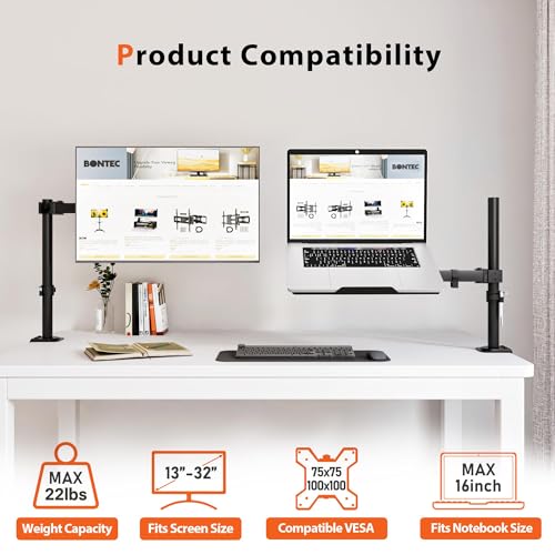 BONTEC Laptop Arm for Desk, 13-32 Inch, 22lbs, VESA 75/100 Compatible | Fully Adjustable Monitor Arm with Vented Tray for LCD Screens and Notebook up to 17", Dual Mounting Options - size: Single