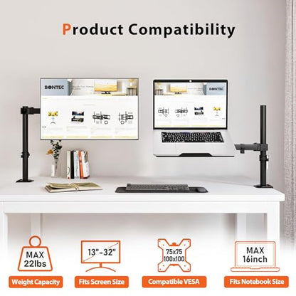 BONTEC Laptop Arm for Desk, 13-32 Inch, 22lbs, VESA 75/100 Compatible | Fully Adjustable Monitor Arm with Vented Tray for LCD Screens and Notebook up to 17", Dual Mounting Options - size: Single