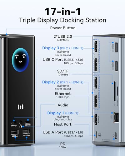 Selore Laptop Docking Station, 4K Triple Display Docking Station 3 HDMI 2 DP, Smart LCD Digital Display, USB-C USB 3.0 Universal Dock for Windows MacBook macOS (Driver Required)