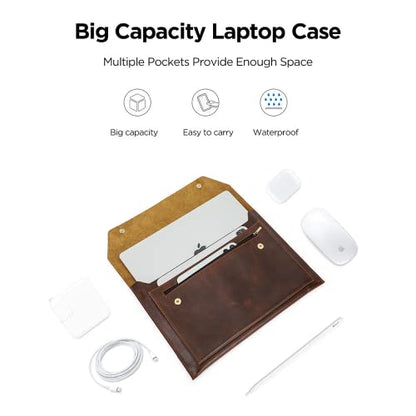 Top Grain Leather 14.2" Laptop Sleeve Bag, Magnet Snap Button Design & 3 Pockets, Compatible with MacBook Pro/Air 14"/13.3"/13.6" 2021 2022 M1 Pro/M1 Max A2442 & Other PC, Coffee 14.2 Inch - color: 【Bag】Magnetic Snap Button & 3 Pockets - Coffee, size: 14.