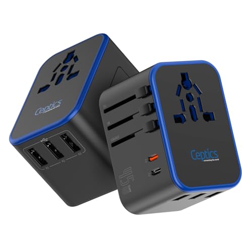 Ceptics 45W Universal Travel Adapter, International Travel Adapter with PD & QC 3.0 Dual USB-C, 3 USB-A World Travel Adapter, Type A, C, G, I Output for EU US UK – 2 Pack (UP-11KU-2PK) - color: Jet Black