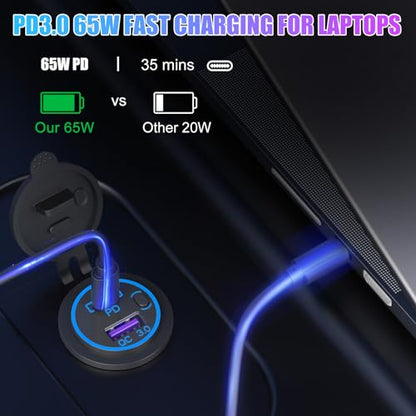 Boostable 12V USB C Outlet 65W PD3.0 Port and 18W Quick Charge 3.0 Car USB Charger Socket for Laptops Tablets Phones, Waterproof 12V/24V Socket with Power Switch for Car Marine Boat Motorcycle RV
