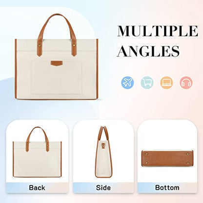 Missnine Laptop Tote Bag Canvas Laptop Bag 15.6 inch Work Shoulder Bags Casual Briefcase Handbag for Travel, Office, College - color: Brown+beige