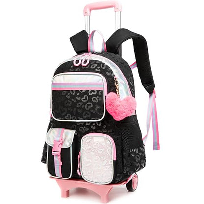 Meetbelify Backpack with Wheels for Girls Rolling Backpack Cute Carry on Backpack for Elementary Student - color: Black