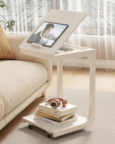 AQIMUELE Wooden C-Shaped End Table,Couch Table with Adjustable Desktop,Small Rolling Side Table with 2 Lockable Wheels,Small End Table for Couch, Living Room,Bedroom (White) - color: White, size: 15.6"D x 15.7"W x 24.8"H, style: Modern 2 Tier