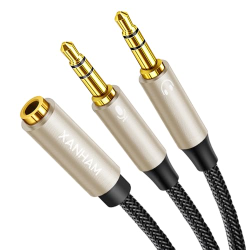 3.5mm Headphone Splitter for Computer Y Shape 1/8 Inch Aux 2 TRS Male to 1 TRRS Female Mic and Audio 4 Pole Headset Stereo Earphone Adapter Cable Cord Compatible with PC, Laptop, Gaming, etc