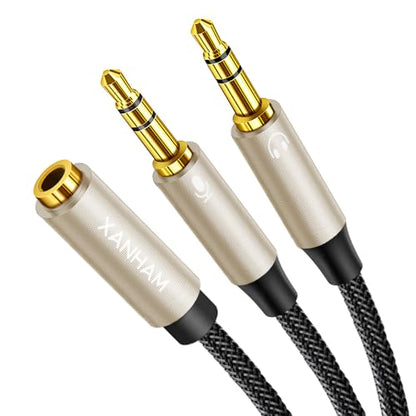 3.5mm Headphone Splitter for Computer Y Shape 1/8 Inch Aux 2 TRS Male to 1 TRRS Female Mic and Audio 4 Pole Headset Stereo Earphone Adapter Cable Cord Compatible with PC, Laptop, Gaming, etc