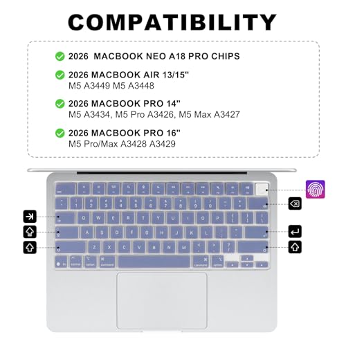Allinside Keyboard Cover for 2026 MacBook Neo 13-inch A3404 (A18 Pro) & MacBook Air 13"/15" and MacBook Pro 14"/16" (M5 Chip), Premium Silicone Keyboard Protector Skin, US ANSI Layout, Lavender Gray - color: Lavender Gray
