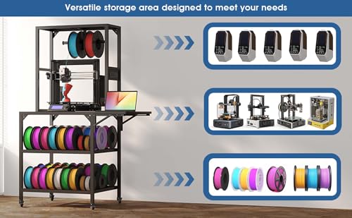 Heavy Duty 3D Printer Stand with Storage - Large Metal 3D Printer Table with Filament Storage for 54 Spools, Rolling 3D Printer Workbench with Locking Wheels & T-Shaped Spool Holder