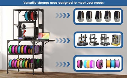 Heavy Duty 3D Printer Stand with Storage - Large Metal 3D Printer Table with Filament Storage for 54 Spools, Rolling 3D Printer Workbench with Locking Wheels & T-Shaped Spool Holder