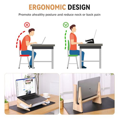 Wooden Laptop Stand for Desk, 2-in-1 Riser and Vertical Laptop Stand | notebook computer holder upright organizer home office workstation timber ergonomic ventilated anti skid space saver