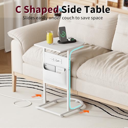 C Shaped End Table with Charging Station, Small Side Table for Couch, C Table Slides Under Sofa with Storage Bag, TV Tray Table for Recliner, Living Room, Bedside, Bedroom, Small Spaces, White - color: Charging Station White