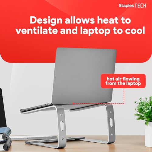 Staples TECH Adjustable Aluminum Laptop Stand – Fits 11"–17" Laptops, Ergonomic Eye‑Level Riser with Ventilated Cooling & Anti‑Slip Base, Silver - style: Silver