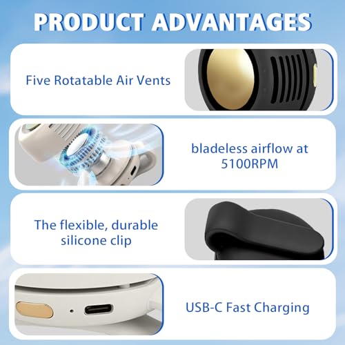 Portable Fan,2-in-1 Waist Clip On Bladeless, Ultra-Quiet Mini Personal Neck Fan 3 Speeds with 360°Adjustable Clip USB Rechargeable for Hiking,Office & Outdoor - color: White+Black
