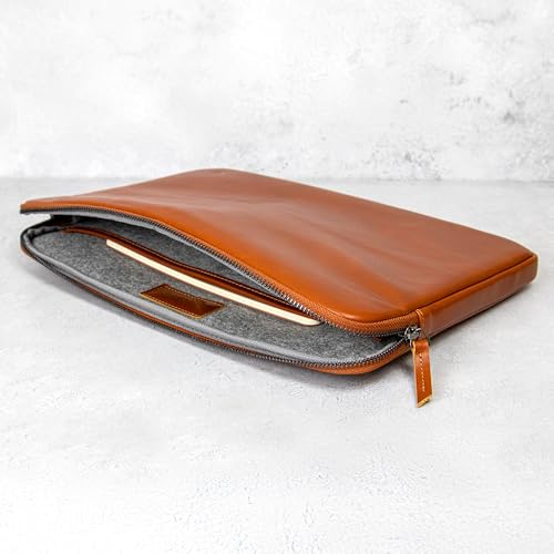 Casemade Real Leather Laptop Case/Zipped Folio Bag with Inner Pocket & Wool Lining Compatible with Apple MacBook, HP, Dell, Asus, Levovo (16 Inch - Tan) - color: Tan, size: 16 Inch