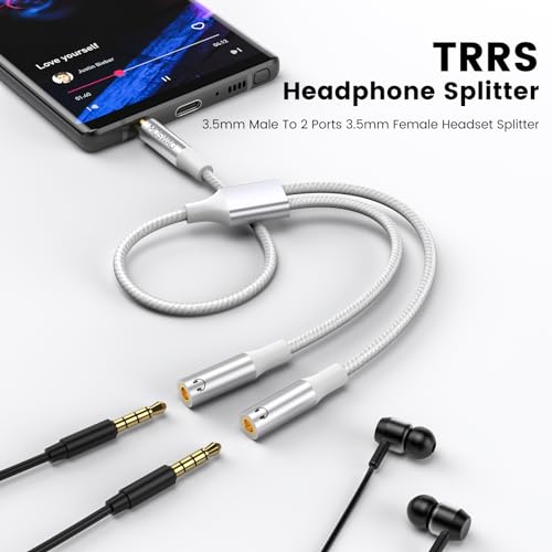 MOSWAG 3.5mm TRRS Headphone Splitter, 3.5mm AUX Jack Cable 1 in 2 Out | Nylon Braided & Gold-Plated Extension Cable Audio Y Splitter, Dual Headphone Jack Adapter for Phone, PC, Laptop, Tablet, Mp3 - color: White