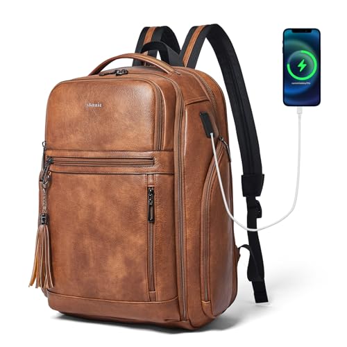 Shrrie 17 Inch Travel Laptop Backpack for Women&Men, Vegan Leather Backpack with USB Charger, Expandable Large Capacity Computer Backpack Purse for Work Business Travel, Brown - color: Two-toned Brown