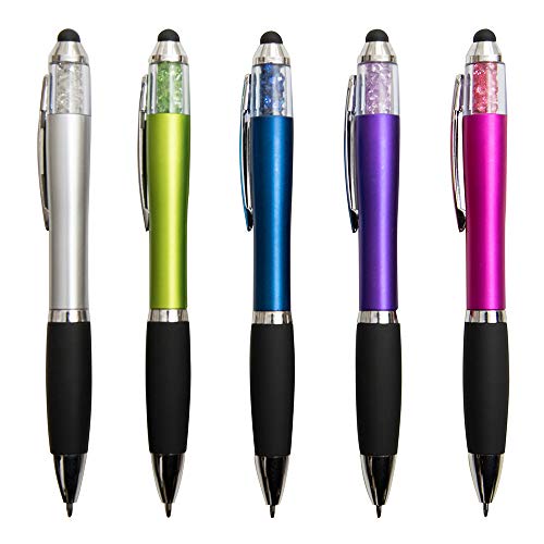 MiSiBao Stylus Pens for Touch Screens, Medium Point Pens with Crystals for Women and Kids Black Ink Pen with Stylus Ballpoint Pens with Comfort Grip for the Ipad (Style-5 Count+3 Refills) - color: Style1 5-count