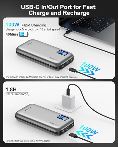 AsperX Laptop Power Bank, 145W USB C PD 3.1 Fast Charging Portable Charger | TFT Display Portable Laptop Charger Battery Pack for MacBook/iPhone 16/Dell XPS/Galaxy S25/Steam Deck/ipad (Flight-Approved) - color: Silver